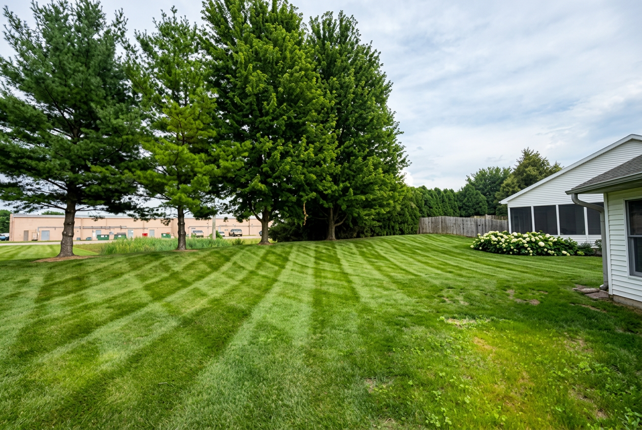 Freshly striped backyard lawn