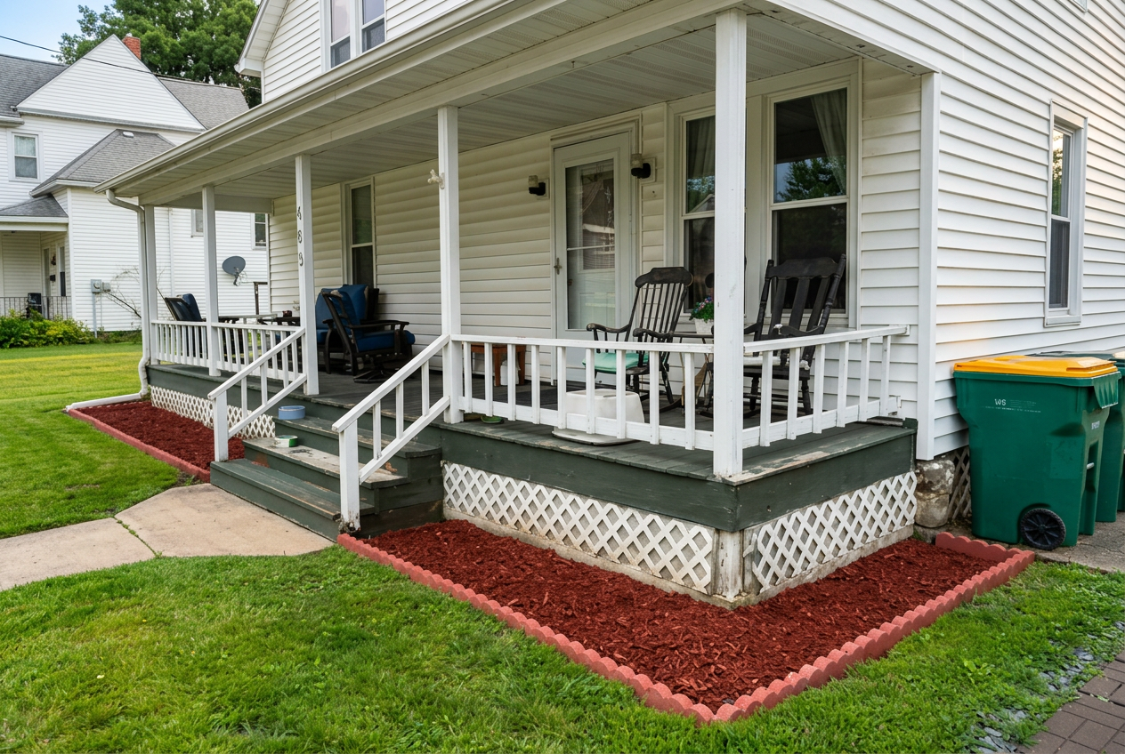 Fresh red mulch bed around a front porch