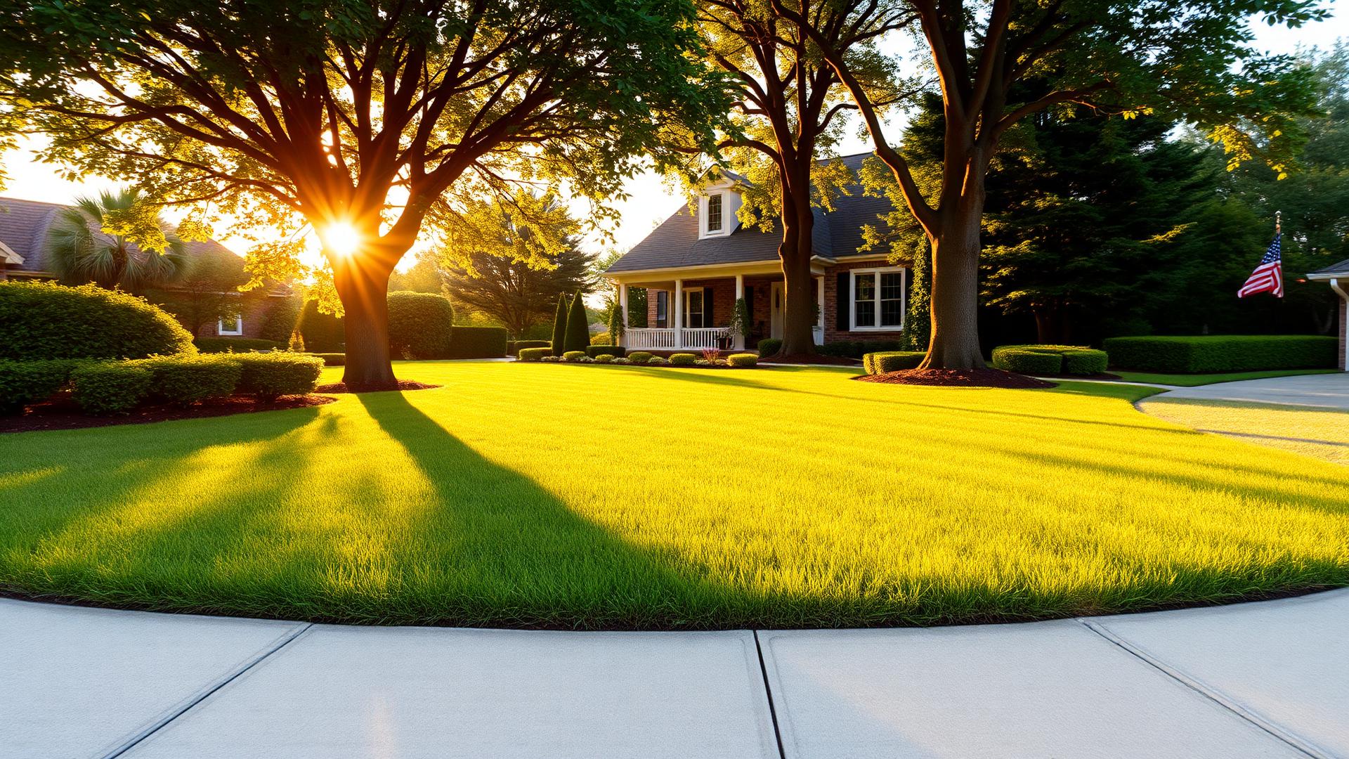 Perfectly manicured lawn at golden hour